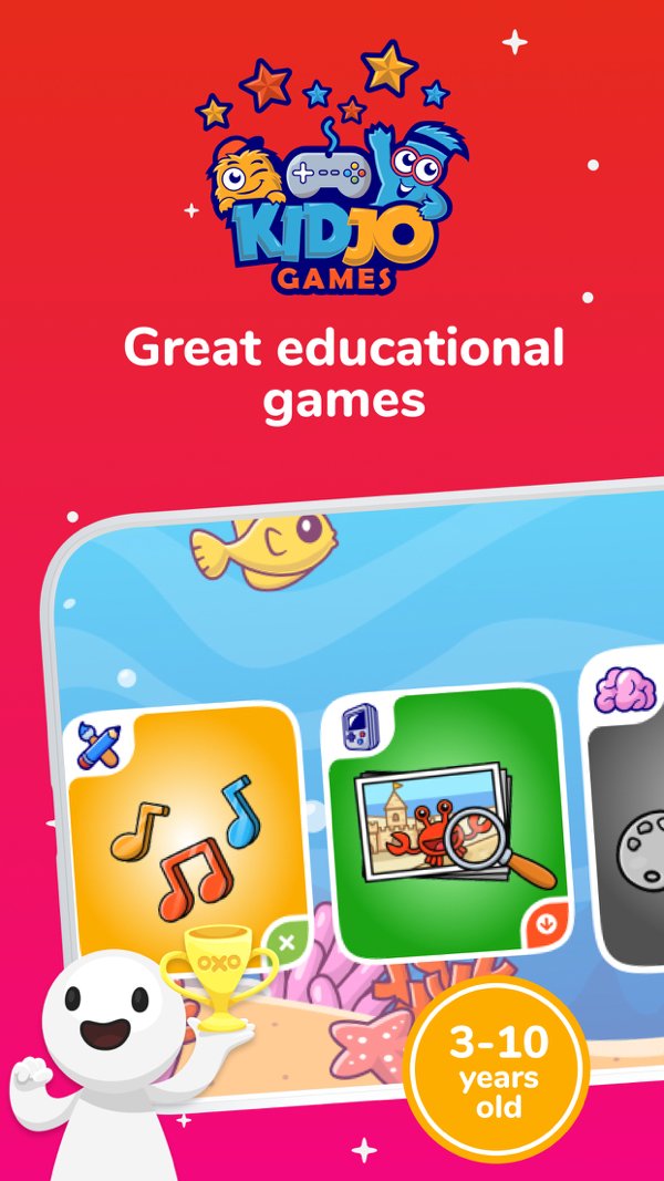 Kidjo Games store listing frame: the app wordmark above a row of game tiles, captioned great educational games and marked 3 to 10 years old
