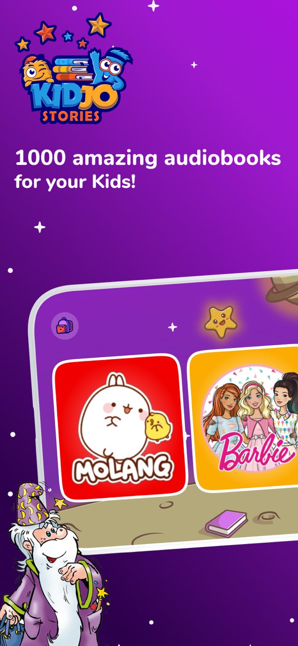Kidjo Stories store listing frame: the app wordmark above audiobook tiles, captioned 1000 amazing audiobooks for your kids