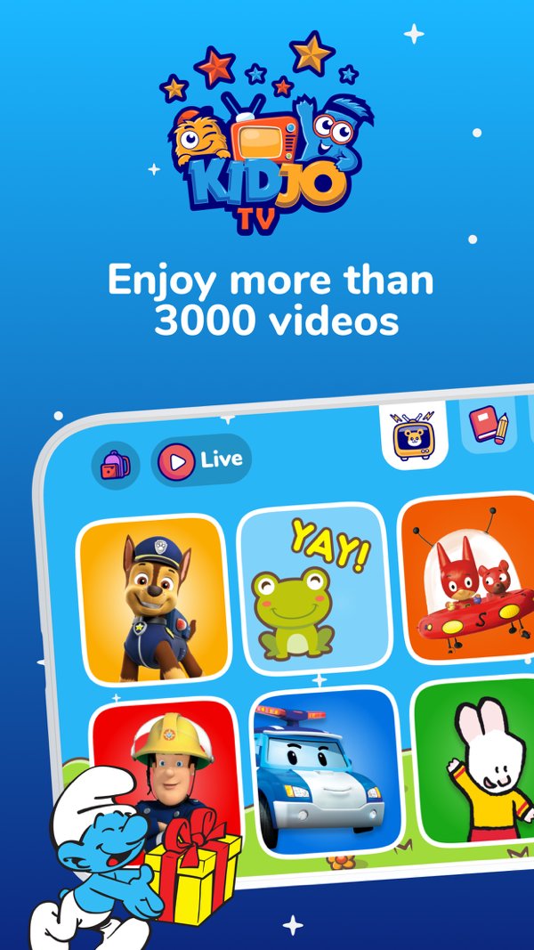 Kidjo TV store listing frame: the app wordmark above a grid of cartoon video thumbnails, captioned enjoy more than 3000 videos