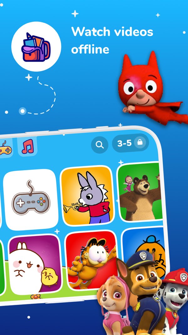 Kidjo TV store listing frame captioned watch videos offline, showing the video grid with an age filter set to three to five